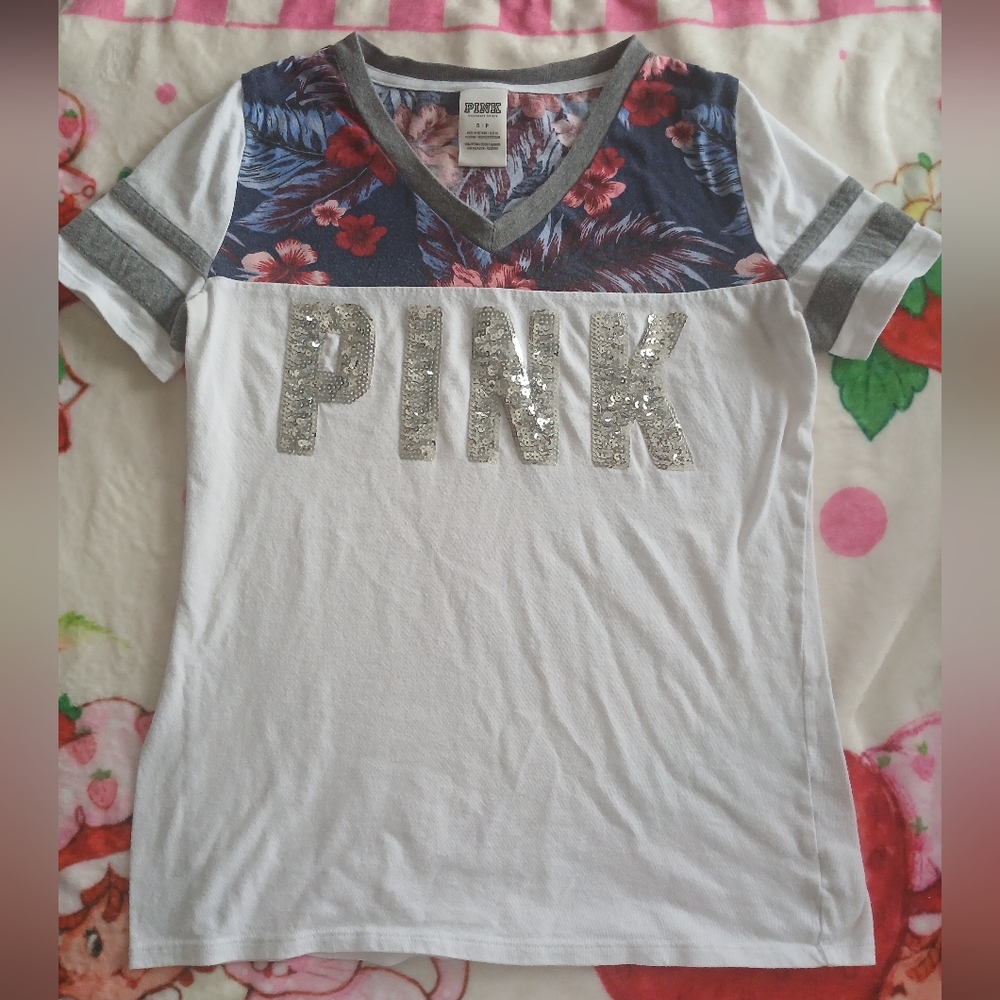 PINK Victoria's Secret Tropical Sequin Bling Shirt